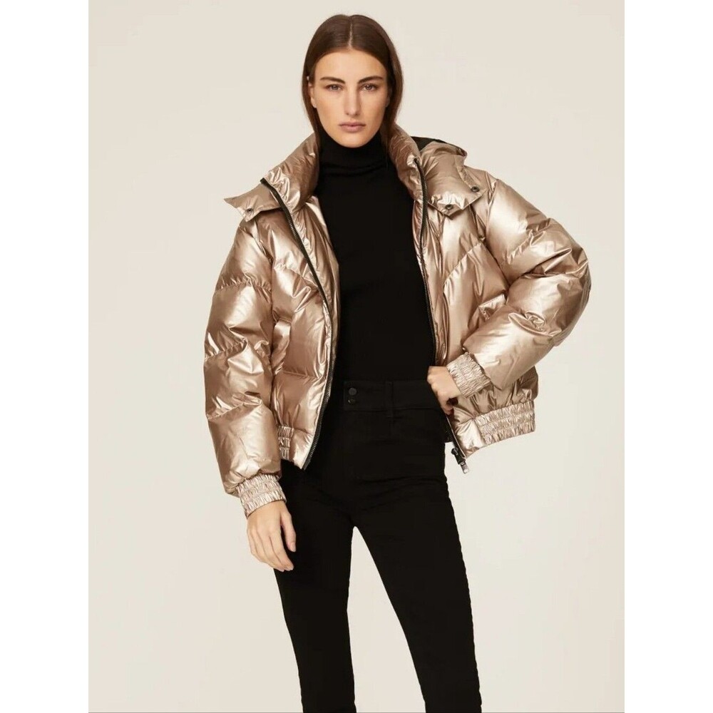 All Saints Mika Metallic Gold Cropped Puffer Jacket Size 2